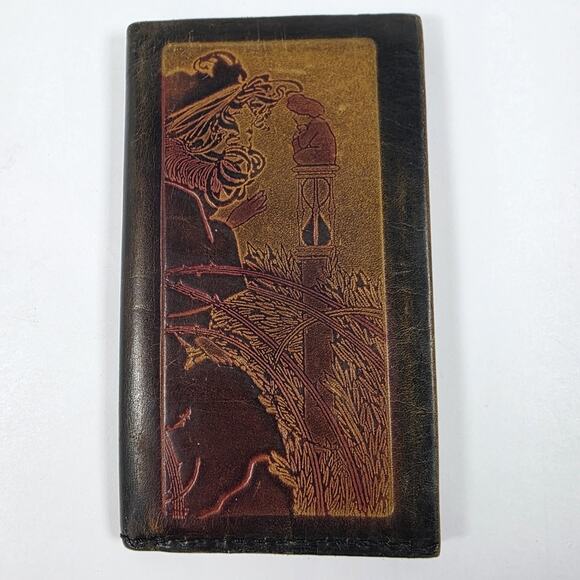 Tooled Embossed Leather Wallet Bi-Fold Checkbook Long Vintage Heritage - Picture 2 of 13